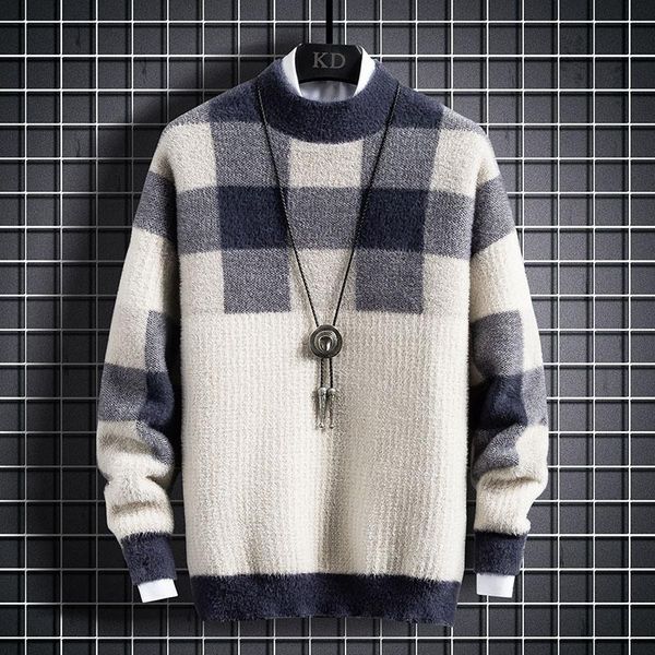 

winter cashmere turtleneck sweater men fashion plaid male pullovers thick warm mens christmas sweaters men's, White;black