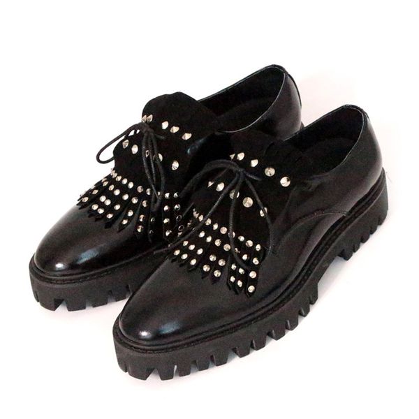 

black tassel fringe loafers silver rivets wedding dress shoes handmade full grain leather men derby brogue shoes