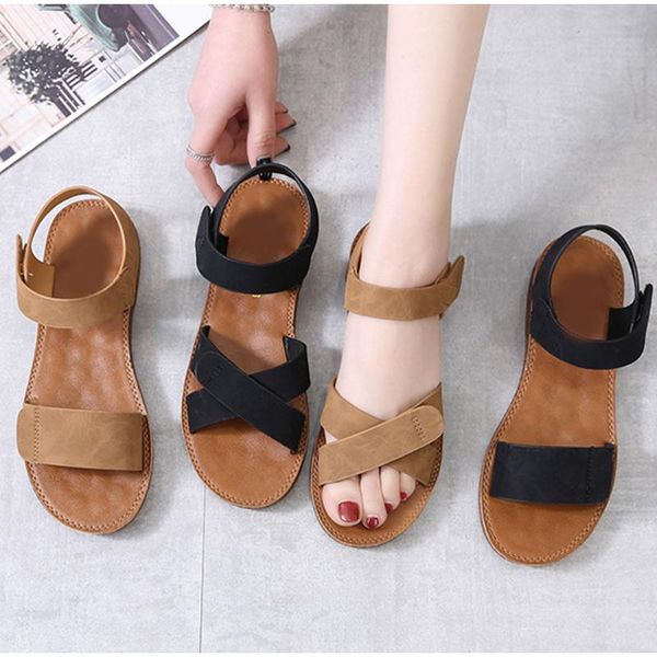 

sandals 2021 summer women's pu hook loop woman flat shoes open toe classic ladies casual rome soft leather beach, Black