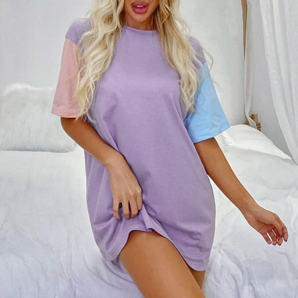 

women's t-shirt fashion loose all-match round neck color matching purple, White