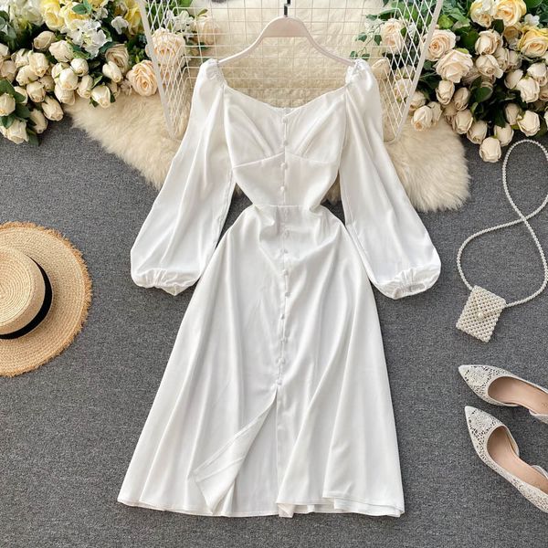 

vintage green/blue knee-length dress casual long sleeve high waist single-breasted female autumn fashion vestidos 210426, Black;gray