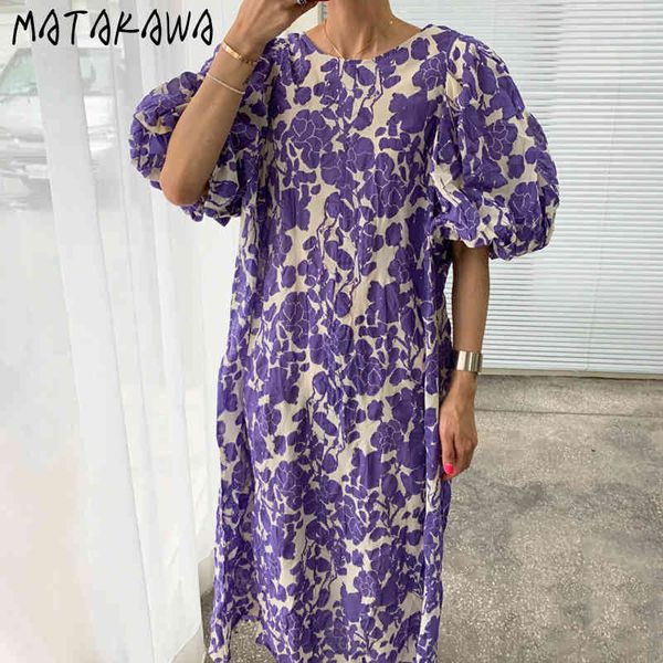 

matakawa fashion big flower vestidos round neck loose long femme robe puff sleeve korean chic summer dress for women 210513, Black;gray