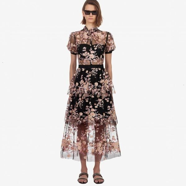 

casual dresses luxury women mesh long self portrait runway summer embroidery floral sequined patchwork ruffles holiday dress k2nb, Black;gray