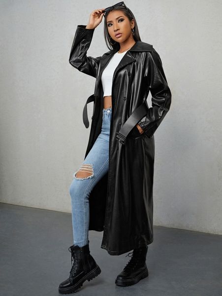 

double breasted belted pu leather trench coat 69qx#, Tan;black