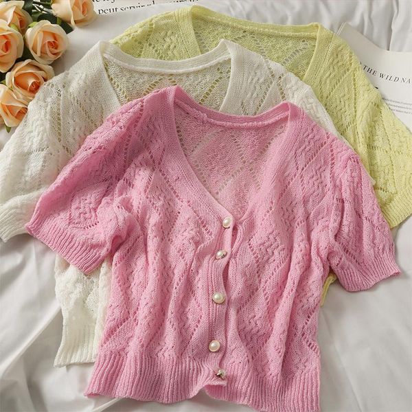 

women's blouses & shirts women fashion slim v neck short sleeve hollow bodycon knitted blouse lady sweet casual outdoor girls daily bas, White