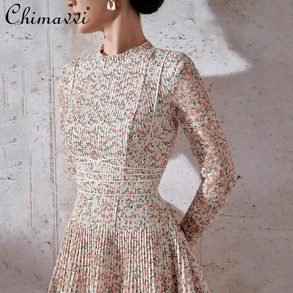 

casual dresses women's slimming long-sleeved round collar pleated short dress elegant high waist a-line for lady, Black;gray