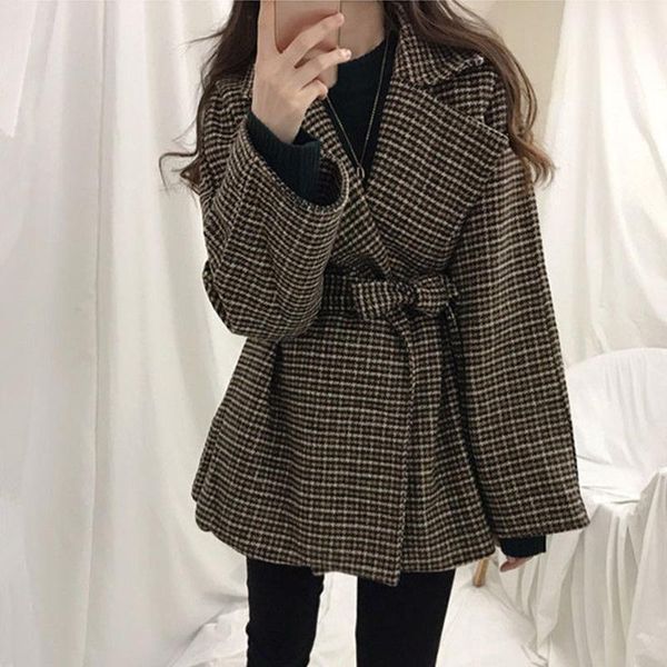 

women's wool & blends women clothing plaid vintage woolen jacket outerwear sashes korean loose casual thicken winter warm coat, Black