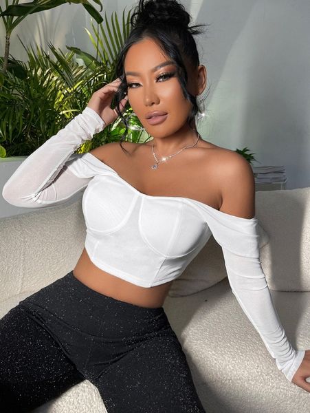 

sxy off shoulder zip back bustier crop t8dx#, White