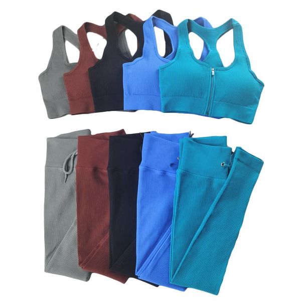 

yoga outfit zipper seamless set women feamle 2 two piece crop sport bra leggings sportsuit workout gym drawstring clothes
