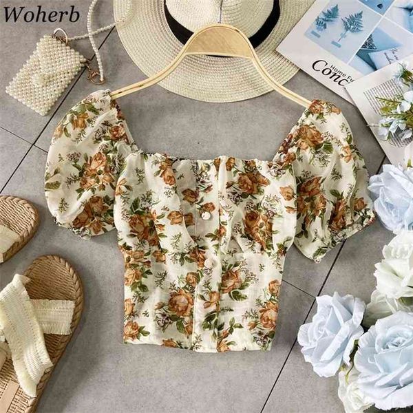 

chiffon sweet floral print shirt puff sleeve short temperament slim blouse women square collar bow buttons blouses25781 210519, White