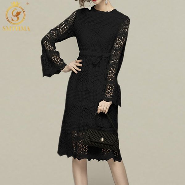 

spring women flare sleeves lace hollow out dresses female elegant slim tie up vestido da festa 210520, Black;gray