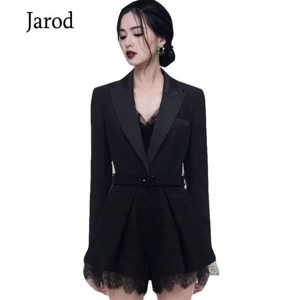 

women's jumpsuits & rompers vintage black lace patchwork belt women 2021 spring notched neck wide leg short ol wear business playsuits, Black;white