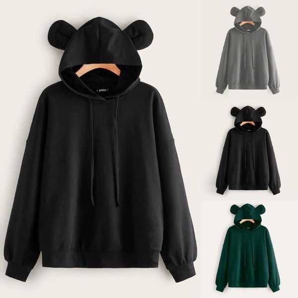 

women's hoodies & sweatshirts casual autumn thickening coat solid color hooded fashion women loose long sleeve bear ear sweatshirt, Black
