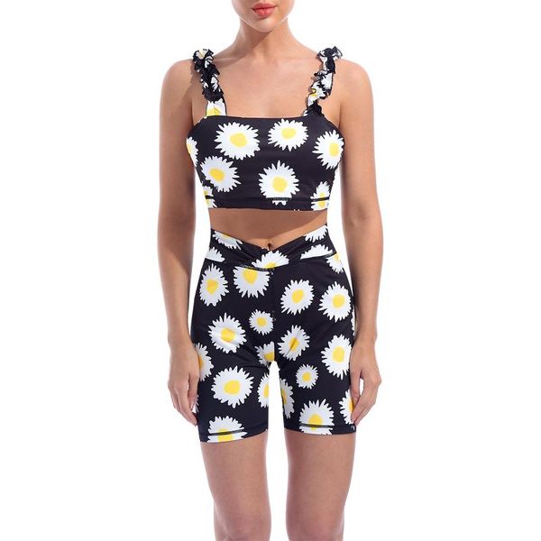 

2pcs women summer seamless sport suit print streetwear sleeveless ruffle strap with high waist shorts legging outfit tracksuit women's, Gray