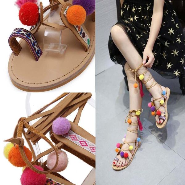 

summer flat-heeled bandage beach women's sandals style toe, Black