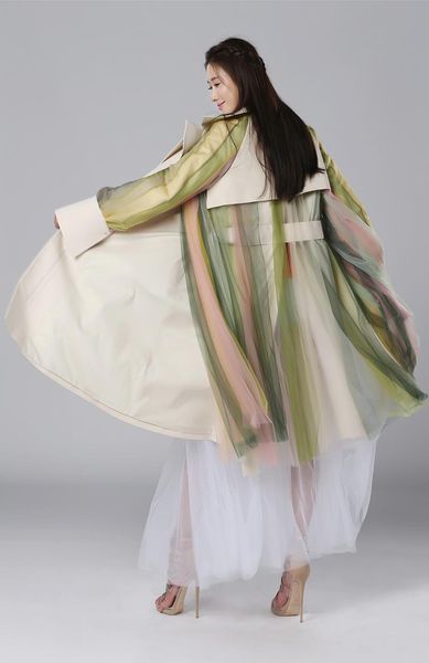 

women's trench coats two way to wear tulle long, Tan;black
