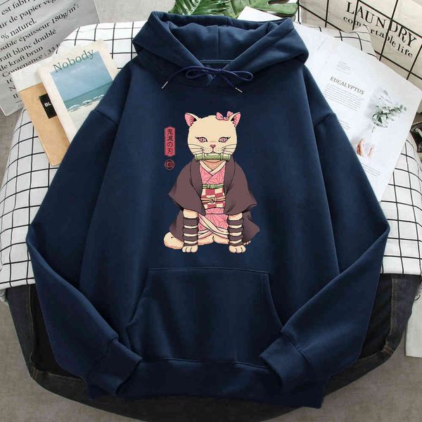 

japane white cat printed men's sweatshirt, fashion loose sweatshirt, high-quality cartoon hoodie, street hip-hop funny cloth, Black