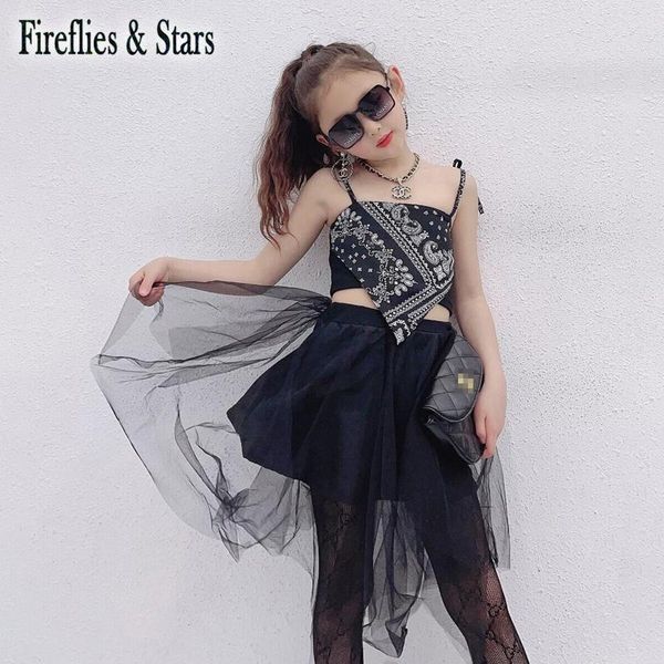 

clothing sets summer girls 2 pcs set baby vest + tuutu skirt kids suit children fashion clothes geometric print mesh strap lacing 4 to 13 yr, White