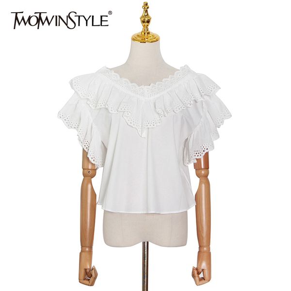

ruffle patchwork casual blouse female v neck short sleeve elegant shirt fashion clothing summer style 210524, White