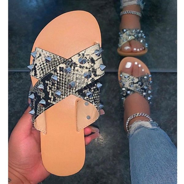 

ladies sandals leather flat-bottomed snake print rivets european and american large size 43 comfortable beach slippers, Black