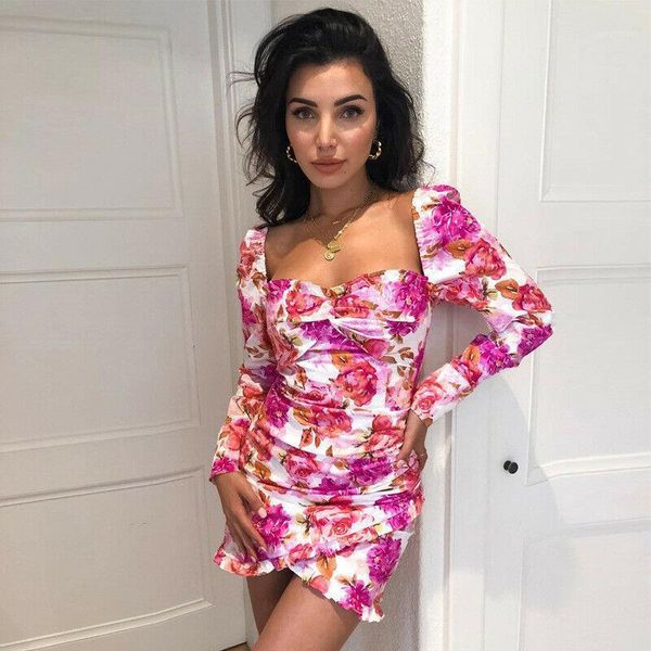 

floral print club dresses 2021 fall fashion women square collar long sleeve mini bodycon dress casual, Black;gray