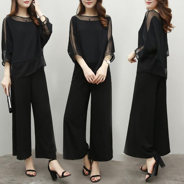 

two piece dress wide leg pant suits for mother of bride solid black color chiffon pantsuits elegant formal wedding office ladies spring summ, White