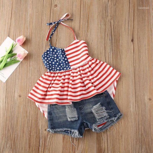 

clothing sets summer baby girls independence day outfits striped vest +denim shorts1, White