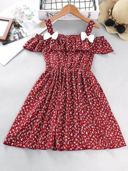 

girls ditsy floral cold shoulder ruffle trim bow front dress she, Red;yellow