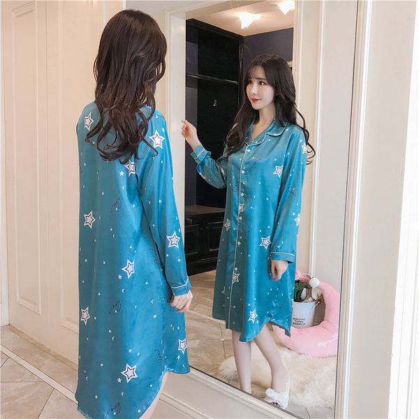 

spring summer women satin nightgowns nightshirts female loose silk sleepshirts ladies turn-down collar sleepwear with pocket, Black;red