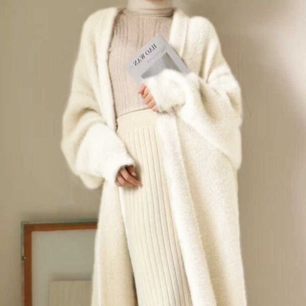 

winter clothe faux mink cashmere cardigan loose pull femme bat sleeve long coat thickness warm knitted sweater outwear 210805, White;black