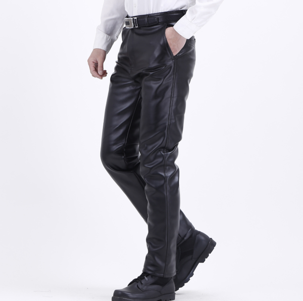 

male warm straight pants men working elastic lightweight casual pu leather trousers regular full length plus size men's, Black
