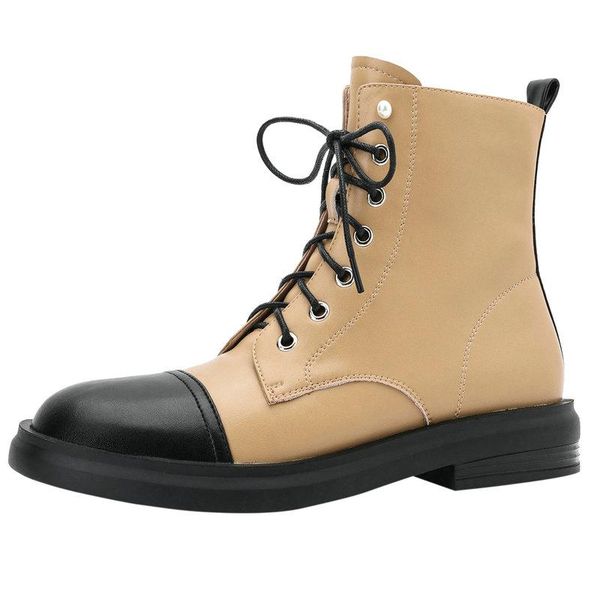 

boots autumn winter female genuine leather low heels women ankle sewing office cross-tied shoes woman, Black