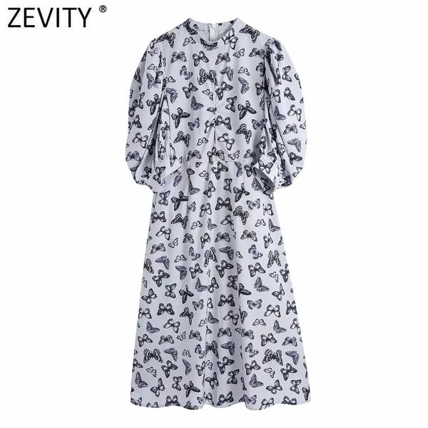 

zevity women vintage butterfly print casual a line midi dress office lady chic pleat puff sleeve brand party vestidos ds8224 210419, Black;gray