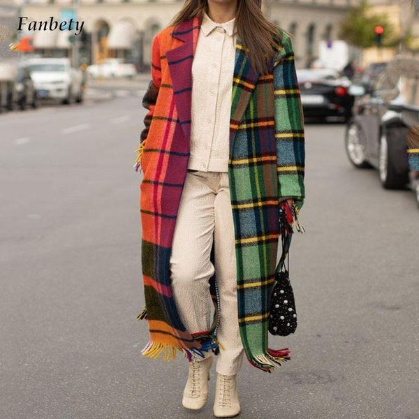

women's wool & blends fashion women turn-down collar long autumn winter vintage plaid print patchwork jacket overcoat cardigan female c, Black