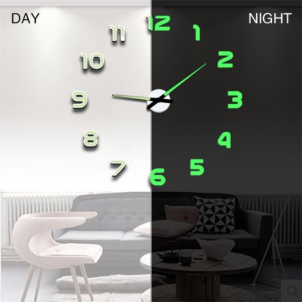 Luminous relógio de parede grande relógio Horloge 3D DIY Acrílico Espelho Adesivos Quartzo Duvar Saat Klock MUTE MUTE 210724