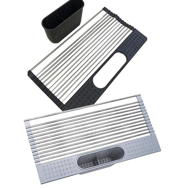 

roll up dish drying rack over the sink with utensil holder foldable stainless steel drainer kitchen storage & organization