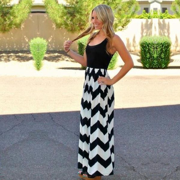 

casual dresses fashion women sleeveless o-neck slim wave stripe long dress, Black;gray