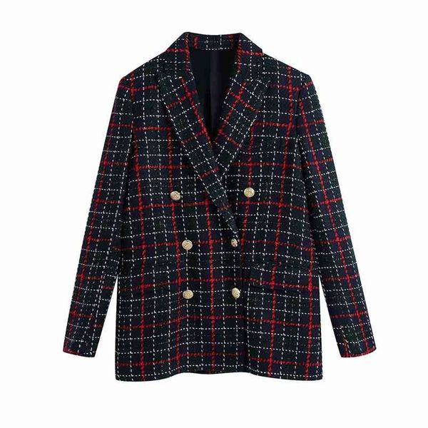 

vintage fashion women double breasted black and red tweed jacket stylish turn-down collar elegant ladies plaid long sleeve coats 210531, Black;brown