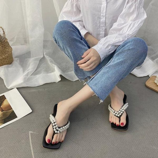 

slippers women's flat pu leather ladies fashion sandals string bead women casual shoes square toe female footwear 2021, Black