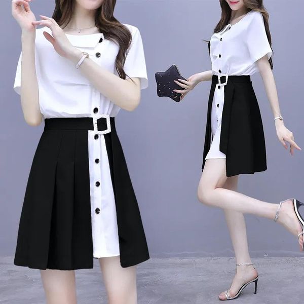 

women's polos summer elegant suit 2021 fashion casual slim two-piece white dress female solid color shirt