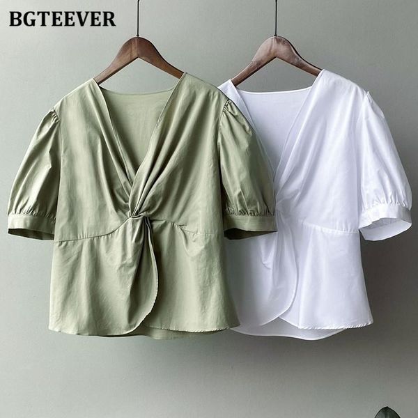 

women's blouses & shirts bgteever elegant chic v-neck ladies 2021 summer puff short sleeve female solid casual loose women, White