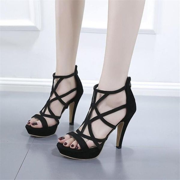 

sandals 2021 women open toe summer shoes with high heels ankle strap female thin heel zipper sandalias mujer, Black