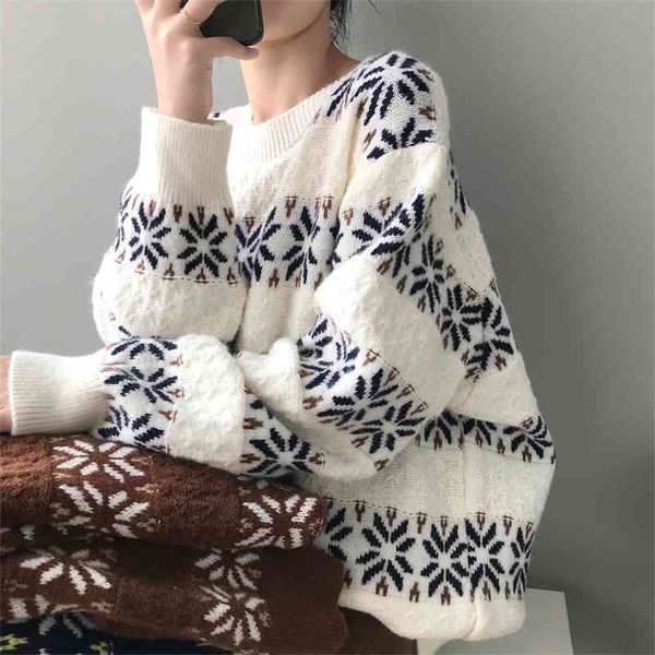 

women's sweaters spring o-neck snow print knitted beige pullovers casual pull femme 1fws, White;black