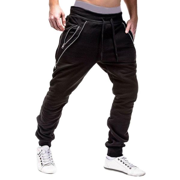 

men fashion hip hop drawstring elastic waist zip pockets harem pants joggers male casual cotton blend sport trousers slim men's, Black