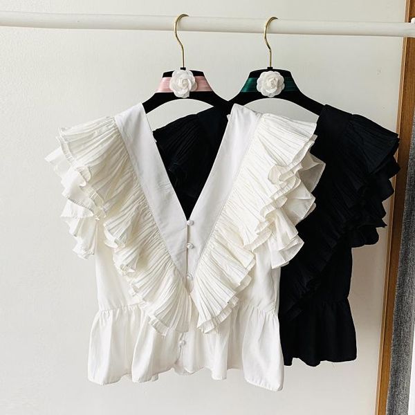 

women's blouses & shirts korean style 2021 summer ruffles pleated v-neck backless design sense sweet blouse womens, White