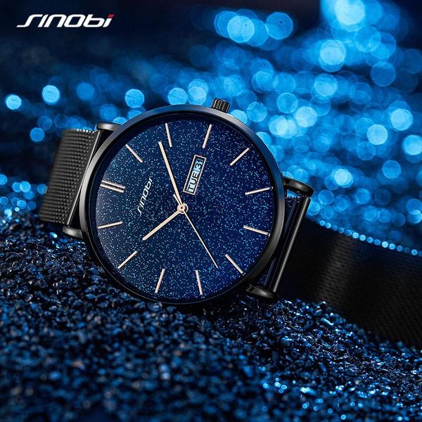 

wristwatches sinobi reloj hombre starry dial 41mm japanese quartz movement waterproof mesh band men watch relogio masculino lover gift, Slivery;brown