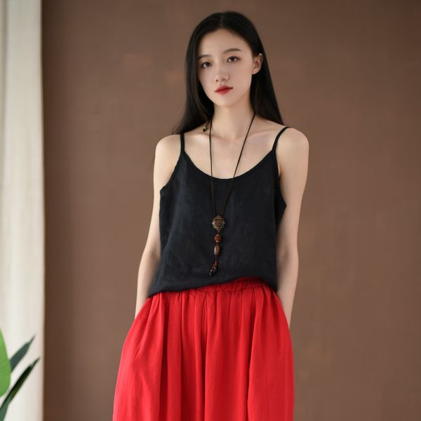 

johnature summer clothes casual solid color o-neck vintage camis comfortable black white color women slings 210521