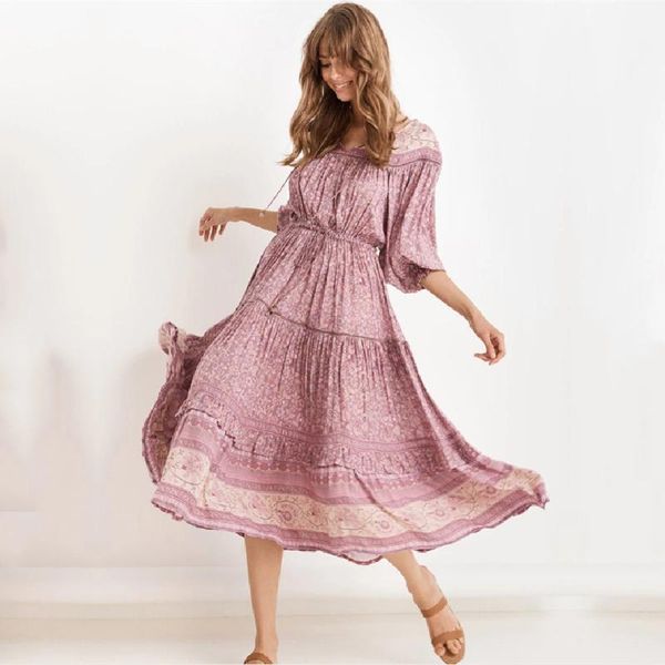 

vintage v-neck long sleeve high waist tassel summer dress for women clothes pink cotton tunic boho print maxi dresses a691 casual, Black;gray