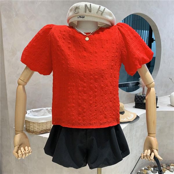 

women's tracksuits niche design clothing 2021 retro round neck puff short sleeve + high waist wide leg shorts pants two piece set, Gray