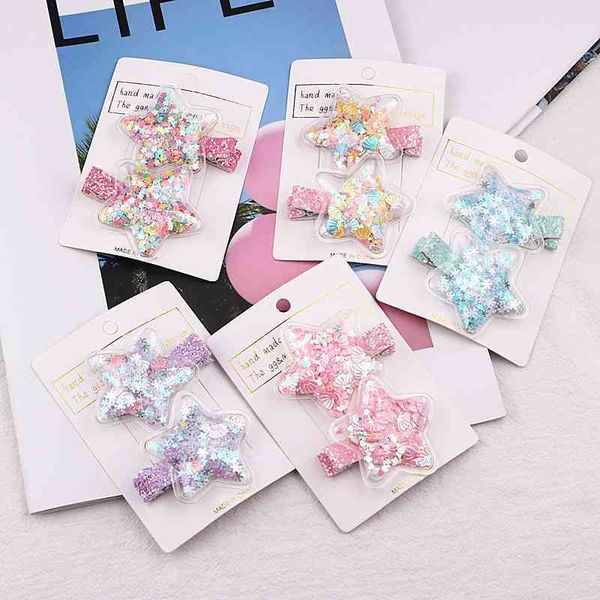 

2 beautiful new pentagram moving girls accessories for hairpins of cartoon children headwear baby hair clips, Golden;silver